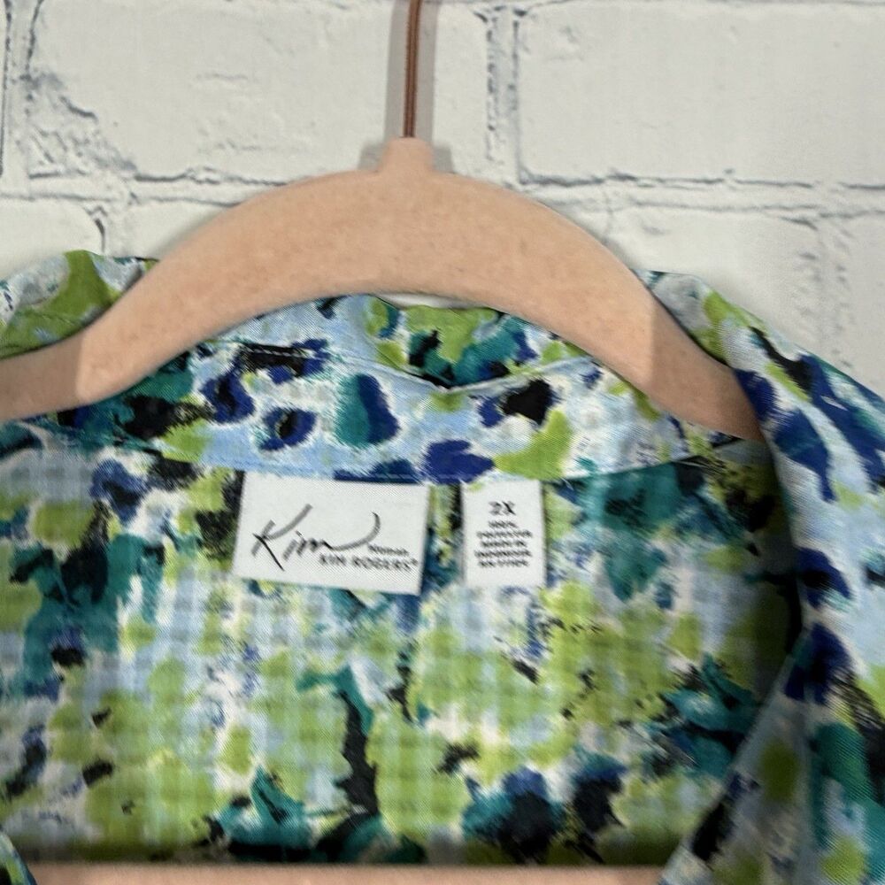 Kim Rogers Women’s Size 2X Sleeveless Button Front Blouse Green Blue Abstract Pr - Picture 4 of 10